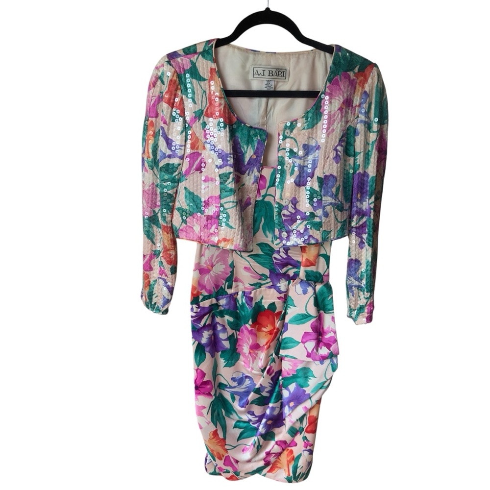 Vintage 80s‎ A.J. Bari Silk Sequin Floral Dress Set Bold Cocktail Party Glam 2 - Picture 7 of 12